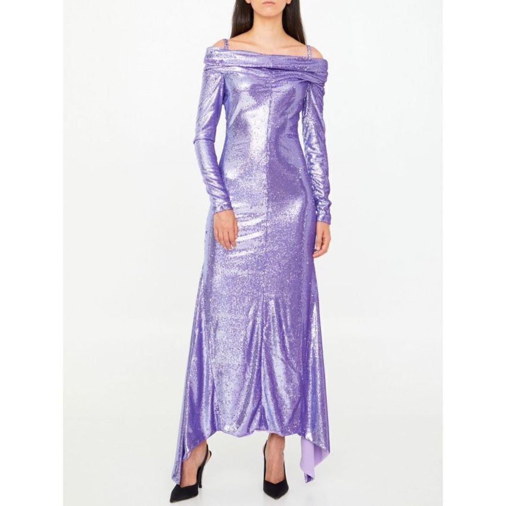 The Attico Fanny Off-Shoulder Sequin Dress Gown Long Sleeve Purple Size 44 M